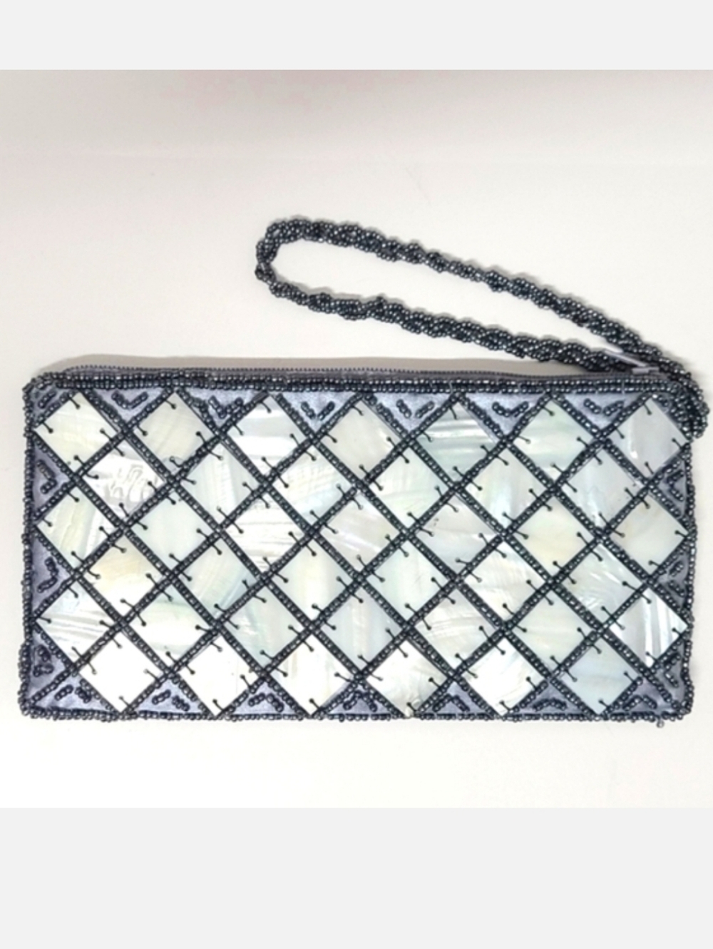MAD BAGS Spun Silk Zip Top Wristlet With Mother-of-Pearl/Beaded Accents